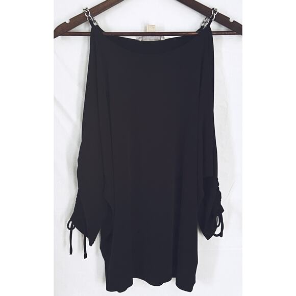 Michael Kors Small Black Cold Shoulder Silver Chain Straps Gathered Sleeve Top - Picture 1 of 7